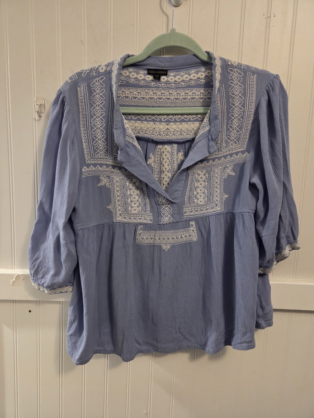 Coco + Carmen Pale Blue Boho Peasant Top with White Embroidery